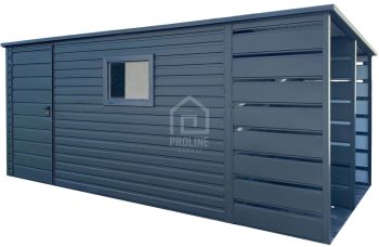 Schowek - Domek ogrodowy 3,8x2,5 + wiata 1,2 - drzwi - okno - Antracyt - dach spad w tył PLG101