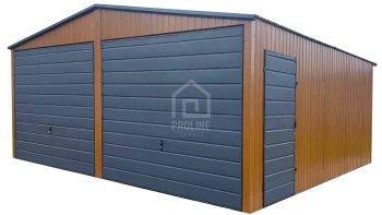 Garaż blaszany 6x6 2x Brama + drzwi  jasny orzech drewnopodobny + antracyt Dach dwuspadowy PLG110