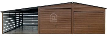 Garaż blaszany 6x6 + wiata 3x6 - 2x Brama uchylna - rynny - drewnopodobny Dach dwuspadowy PLG111
