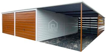 Garaż blaszany 6x6 + wiata 3,5 2x Brama uchylna + biały + drewnopodobny spad w tył PLG112
