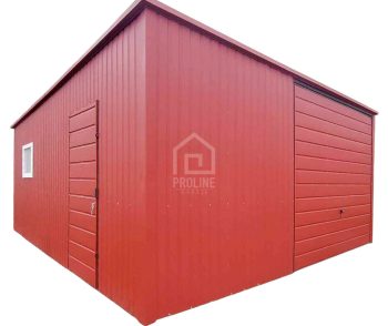 Garaż blaszany 6x6 - Brama uchylna - drzwi - jasny brąz - dach spad w tył PLG113