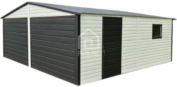 Garaż Blaszany 6x6 - 2x Brama Uchylna - Drzwi - Okno - Biały - Antracyt - dach Dwuspadowy PLG114