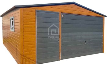 Garaż blaszany 5x5 Brama + drzwi + okno - złoty dąb drewnopodobny Dach dwuspadowy PLG118