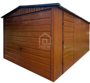 Garaż blaszany 3x5 Brama uchylna - drzwi - jasny orzech - drewnopodobny -  dach dwuspadowy PLG121