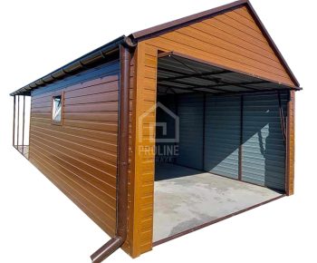 Garaż blaszany 3x5 - Brama uchylna - drzwi - okno - jasny orzech - drewnopodobny - rynny - dach dwuspadowy PLG122