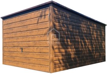 Garaż blaszany 3x4 Brama uchylna - jasny orzech drewnopodobny - Spad w tył PLG124