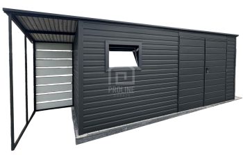 Schowek - Domek Ogrodowy 5x2m + wiata 1m -  Drzwi  - okno - antracyt - dach spad w tył PLG128