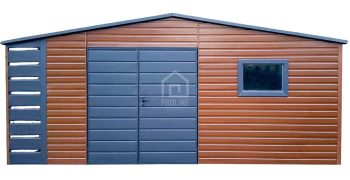 Schowek - Domek Ogrodowy 5,5x3m + wiata 0,5m -  Brama - okno - złoty dąb - dach dwuspadowy PLG129