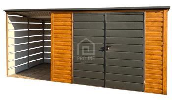 Schowek - Domek Ogrodowy 3x2m + wiata 1,5m - Brama - jasny orzech - dach spad w tył PLG134