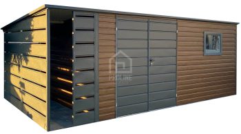 Schowek - domek ogrodowy 6x3 + wiata 1m - brama - okno - ciemny orzech - drewnopodobny - antracyt - dach spad w tył PLG106