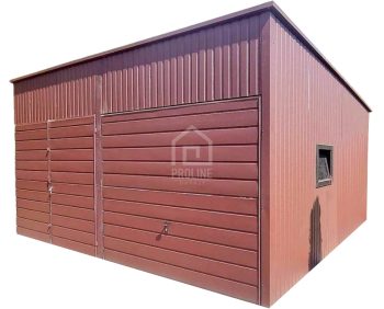 Hala Garaż blaszany 6x6 - 2x Brama - okno - jasny brąz  - dach spad w tył PLG107