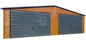 Garaż Blaszany 8x5 - 2x Brama Uchylna - Okno - Drzwi - Antracyt - jasny orzech Drewnopodobny - dach Dwuspadowy PLG108