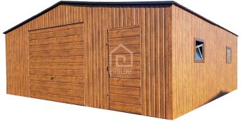 Garaż blaszany 6x6 Brama + drzwi + 2x okno drewnopodobny - jasny orzech  + antracyt Dach dwuspadowy PLG109