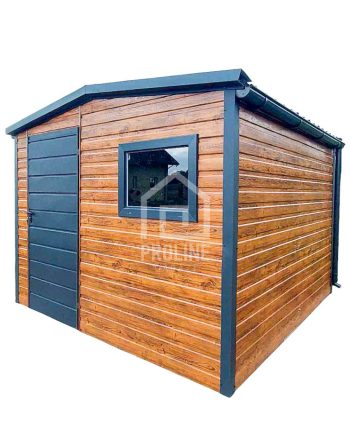 Schowek - domek ogrodowy 3x4m - drzwi - okno - jasny orzech - drewnopodobny - antracyt - blachodachówka - rynny - dach dwuspadowy PLG154
