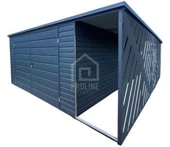 Schowek - Domek Ogrodowy 4x4m - Wiata 1x4m - Panele Verona - Brama dwuskrzydłowa - Antracyt - Dach Spad w tył PLG157