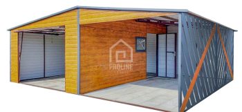 Garaż Blaszany 4x6m + Wiata 4x6m - Panele Verona -  Brama Uchylna - Okno - Drzwi - Jasny orzech - Antracyt - Drewnopodobny - dach Dwuspadowy  PLG142