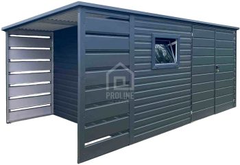 Schowek - Domek Ogrodowy 4x2,5 - wiata 1x2,5 - brama - okno - antracyt - dach spad w tył PLG164