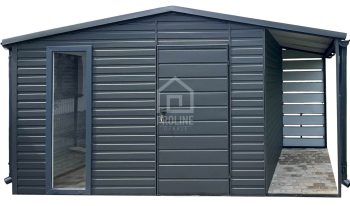Schowek - Domek Ogrodowy 4x2,5m + Wiata 1x2,5m -  Okno - Drzwi - Antracyt  - dach Dwuspadowy  - rynny PLG165