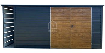 Schowek - Domek Ogrodowy 4x3 - wiata 0,5x3 - brama - jasny orzech drewnopodobny - antracyt - dach spad w tył PLG166