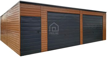 Garaż blaszany 7,5x5,5 - 2x brama - drzwi - jasny orzech drewnopodobny Dach spad w tył PLG168