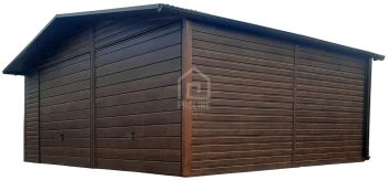 Garaż blaszany 7x6m - 2x Brama - ciemny orzech - drewnopodobny - Dach dwuspadowy - rynny PLG169