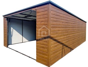 Garaż Blaszany 4x5 Brama uchylna - rynna - ciemny orzech - drewnopodobny - dach Spad w tył PLG174