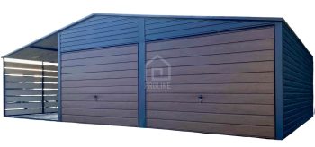 Garaż blaszany 6x6m - wiata 3m - 2x Brama  - Antracyt - ciemny orzech - drewnopodobny Dach dwuspadowy PLG181