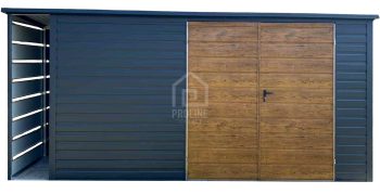 Schowek - Domek Ogrodowy 4,5x2m + wiata 0,5m - Brama - jasny orzech - antracyt - dach spad w tył PLG188