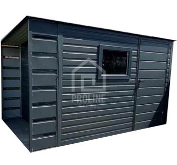 Schowek - domek ogrodowy 2,5x2,5m + wiata 0,5m - drzwi - okno - antracyt - dach spad w tył PLG147