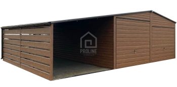 Garaż blaszany 6x6m - wiata 3m - 2x Brama - ciemny orzech - drewnopodobny Dach dwuspadowy - rynny PLG199