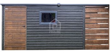 Schowek - Domek ogrodowy 4x2m -wiata 1m - okno - ciemny orzech - drewnopodobny - sosna norweska - dach spad w tył PLG190