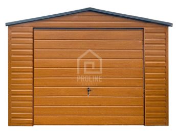 Garaż blaszany 4x4m - Brama uchylna  -  jasny orzech - drewnopodobny - dach dwuspadowy - rynna PLG196
