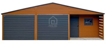 Garaż blaszany 5x9m - wnęka - 2x brama - drzwi - okno - jasny orzech - drewnopodobny - rynny - dach dwuspadowy PLG222