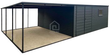 Garaż Blaszany 5x4m + Wiata 4m - Brama dwuskrzydłowa - Okno  - Antracyt - dach spad w tył PLG200