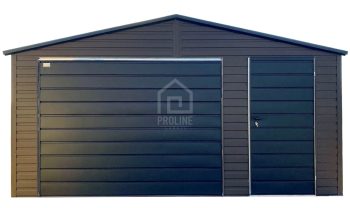 Garaż blaszany 5x5m - brama uchylna - drzwi - ciemny brąz - czarny - dach dwuspadowy PLG202