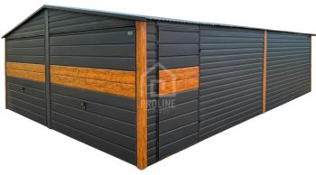 Garaż blaszany 6x6m - 2x brama - drzwi - 2x okno - antracyt - jasny orzech - dach dwuspadowy PLG205