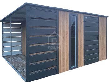 Schowek – domek ogrodowy 3×3 – wiata 1×3 – drzwi – okno – antracyt – dach spad w tył PLG233