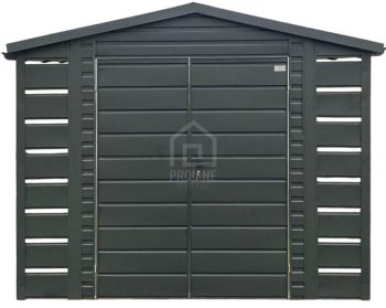 Domek ogrodowy - schowek - 2x3m –  2xwiata 0,5x3m - brama dwuskrzydłowa –  antracyt - dach dwuspadowy - blachodachówka - rynny PLG235