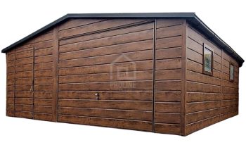 Garaż blaszany 6X6m –  brama uchylna – drzwi - 2x okno - drewnopodobny - dach dwuspadowy - rynny PLG240