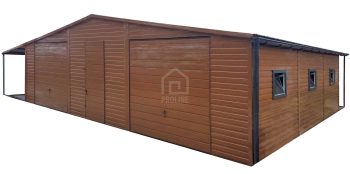 Garaż blaszany 11X7,5m – wiata 13x1m – wiata 2x7,5m - 2X brama – drzwi - 6x okno - drewnopodobny - dach dwuspadowy - rynny PLG242