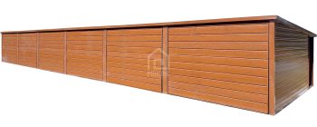 Garaż blaszany 18x5m – 6x brama uchylna – 2x drzwi - rynna - drewnopodobny - spad w tył PLG243