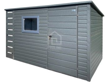 Schowek – domek ogrodowy 3×2 – wiata 0,4×2 – drzwi – okno – antracyt – dach spad w tył PLG247