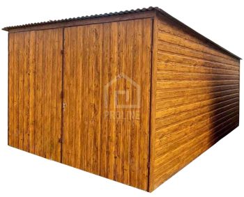 Garaż blaszany 3x5m - brama dwuskrzydłowa - jasny orzech - drewnopodobny - dach spad w tył PLG249