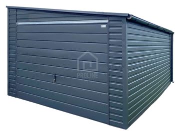 Garaż blaszany 4x5m - brama uchylna - antracyt - dach spad w bok - rynny PLG252