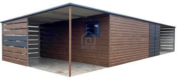 Garaż blaszany 6,5x6m - 2x wiata - brama dwuskrzydłowa - okno - ciemny orzech - drewnopodobny - dach spad w tył PLG255