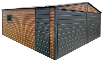 Garaż blaszany 6x5,8 - 2x brama uchylna - drzwi - okno - ciemny orzech - antracyt - drewnopodobny - dach dwuspadowy PLG256