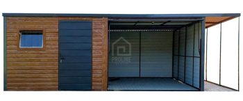 Garaż blaszany 6x5m + wiata 1m - brama uchylna - drzwi - okno - złoty dąb - drewnopodobny - dach spad w tył PLG258