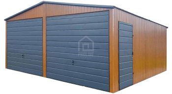 Garaż blaszany 6x6m - 2x brama uchylna - drzwi - złoty dąb - drewnopodobny - dach dwuspadowy PLG259