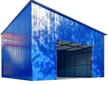Hala - Garaż blaszany 7x8m - brama uchylna - niebieski - dach spad w bok PLG260