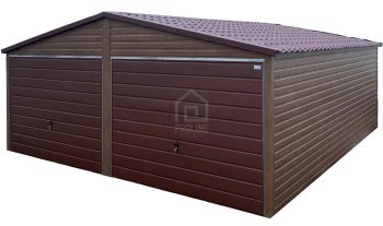Garaż blaszany 6x5,8m - 2x brama uchylna - ciemny orzech - drewnopodobny - blachodachówka - dach dwuspadowy PLG257